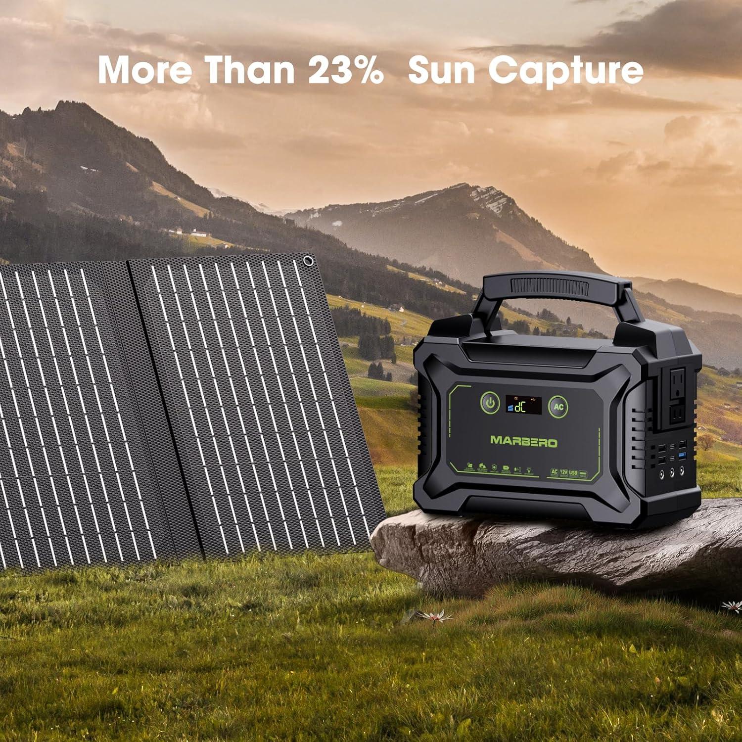 imageMARBERO Solar Powered Generator 155Wh with 30W Foldable Solar Panels 100W AC Output Lithium Battery Portable Power Station with AC DC and USB Outputs for Camping Emergency Home Backup Blackout HikingM220 SL40