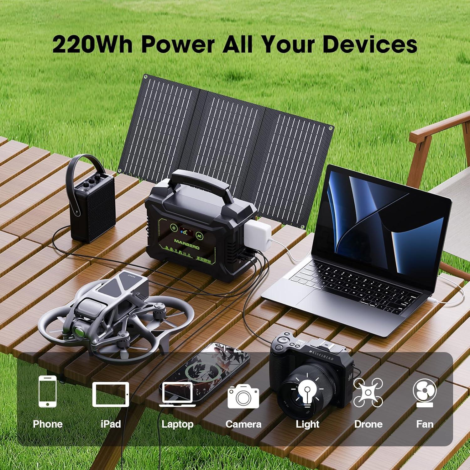 imageMARBERO Solar Powered Generator 155Wh with 30W Foldable Solar Panels 100W AC Output Lithium Battery Portable Power Station with AC DC and USB Outputs for Camping Emergency Home Backup Blackout HikingM220 SL40