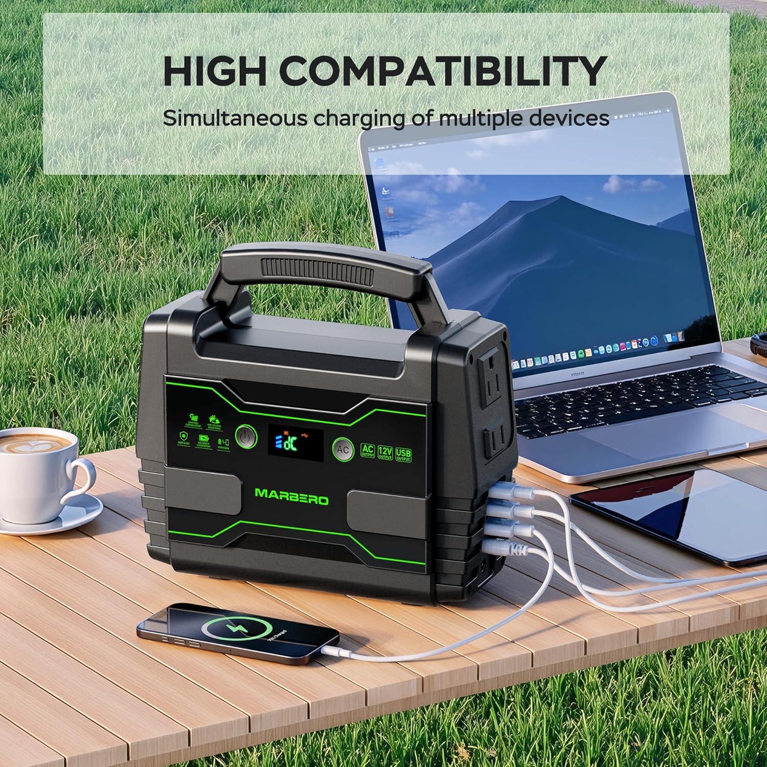 imageMARBERO Solar Powered Generator 155Wh with 30W Foldable Solar Panels 100W AC Output Lithium Battery Portable Power Station with AC DC and USB Outputs for Camping Emergency Home Backup Blackout HikingM155