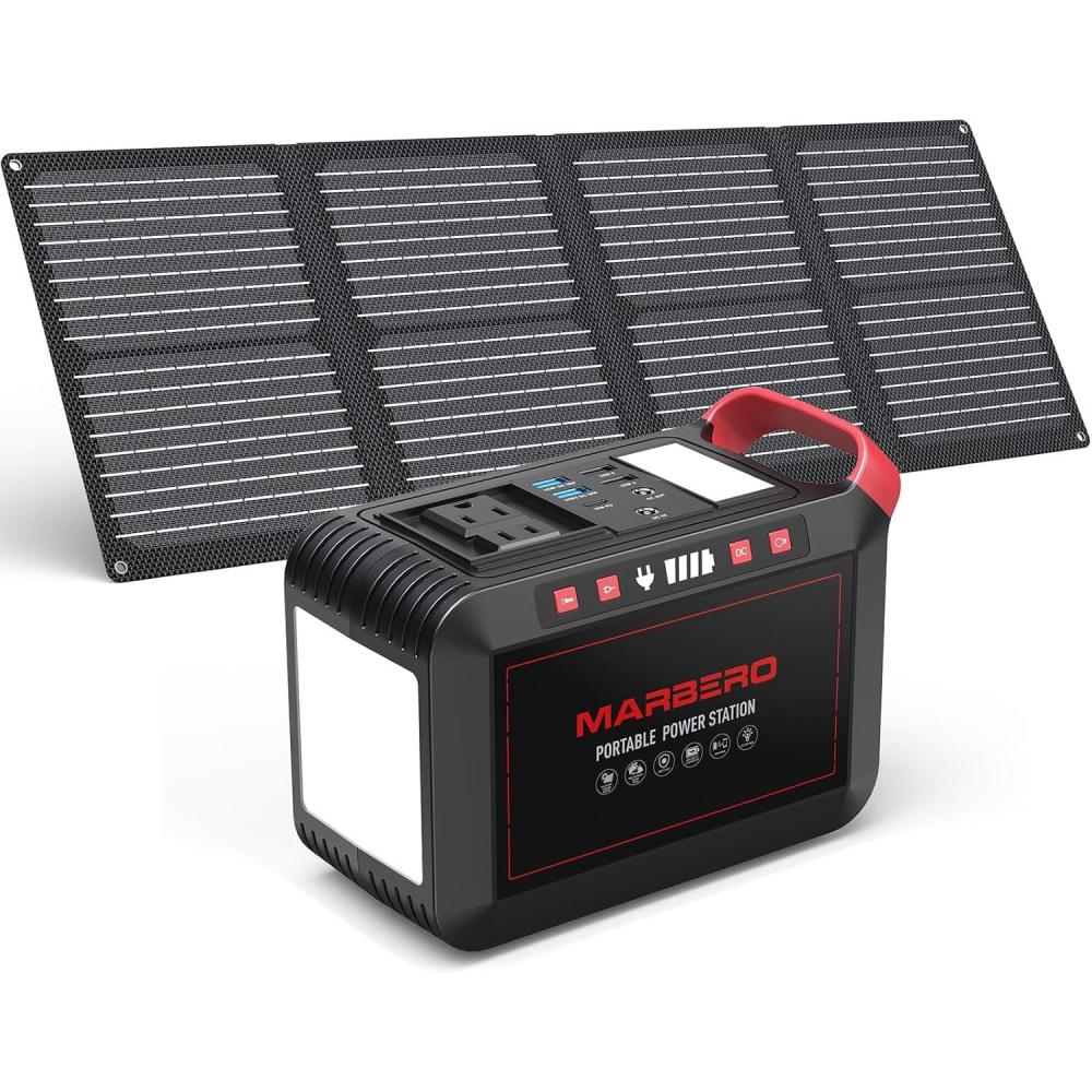 imageMARBERO 200W Portable Power Station 148Wh Camping Solar Generator Laptop Power Bank with AC Outlet 110V DC USB QC30 LED Flashlights for CPAP Home Outdoor Trip Emergency BackupSOLAR GENERATOR M823 WITH 60W SOLAR