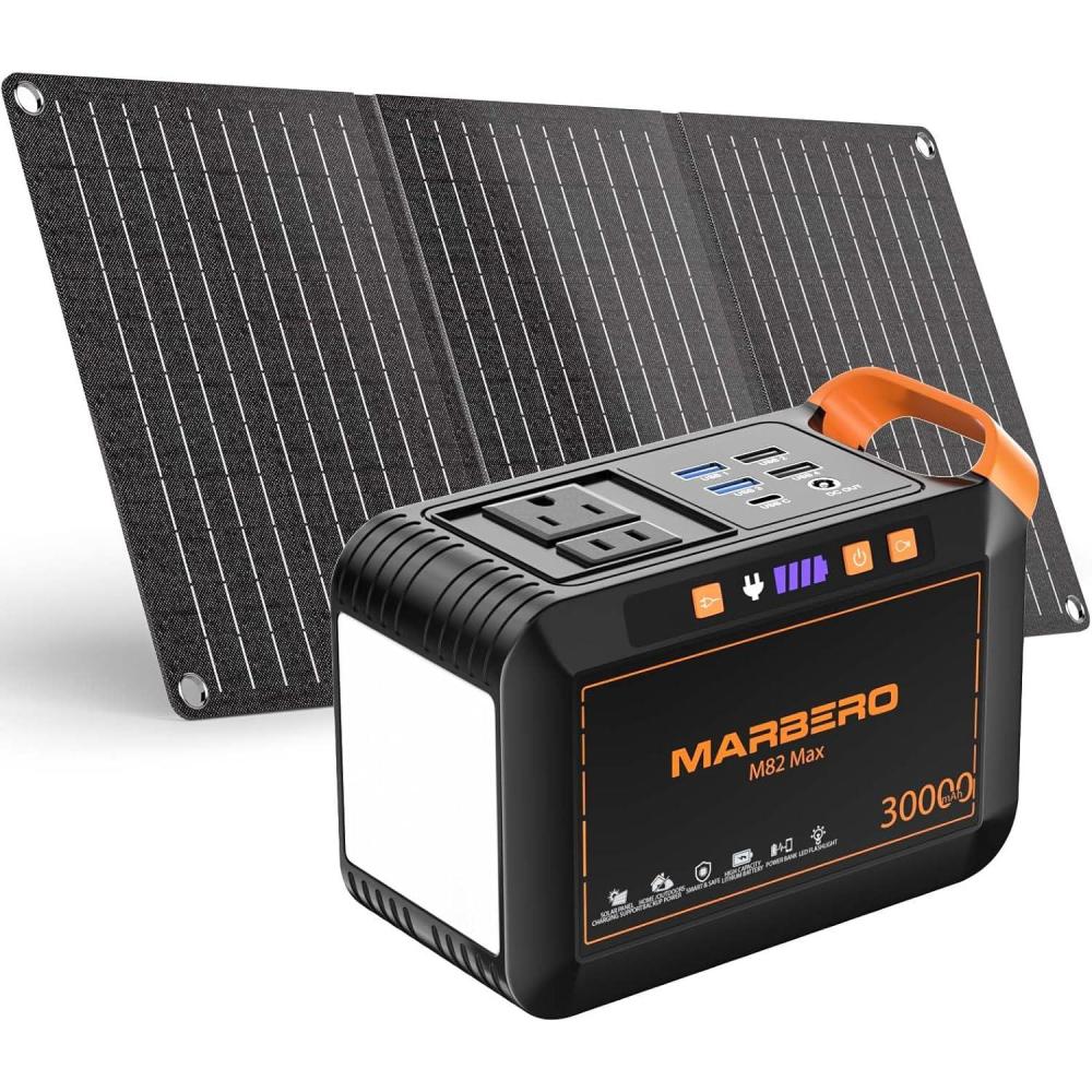 imageMARBERO 200W Portable Power Station 148Wh Camping Solar Generator Laptop Power Bank with AC Outlet 110V DC USB QC30 LED Flashlights for CPAP Home Outdoor Trip Emergency BackupSOLAR GENERATOR M82 MAX WITH 30W SOLAR