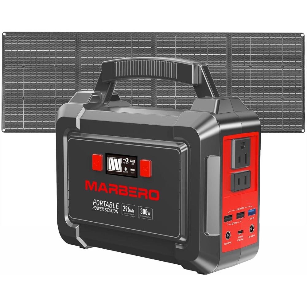 imageMARBERO 296Wh Portable Power Station with Solar Panel 60W Included Solar Generator with AC Outlets 300W Pure Sine Wave with Foldable Panel Set Power Bank for Camping Outdoor RV Home Emergency