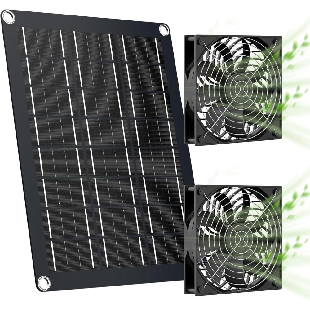 imageMARBERO 47 Inch Solar Powered Fan Kit 15W Solar Panel with 2 Waterproof Fans Intake or Exhaust Air Fan wtih 13 Ft Cable for Outside Backyard Chicken Coops Greenhouses Dog Houses Pet Houses15W 130 x 98 INCHES with 47 INCHES Fans