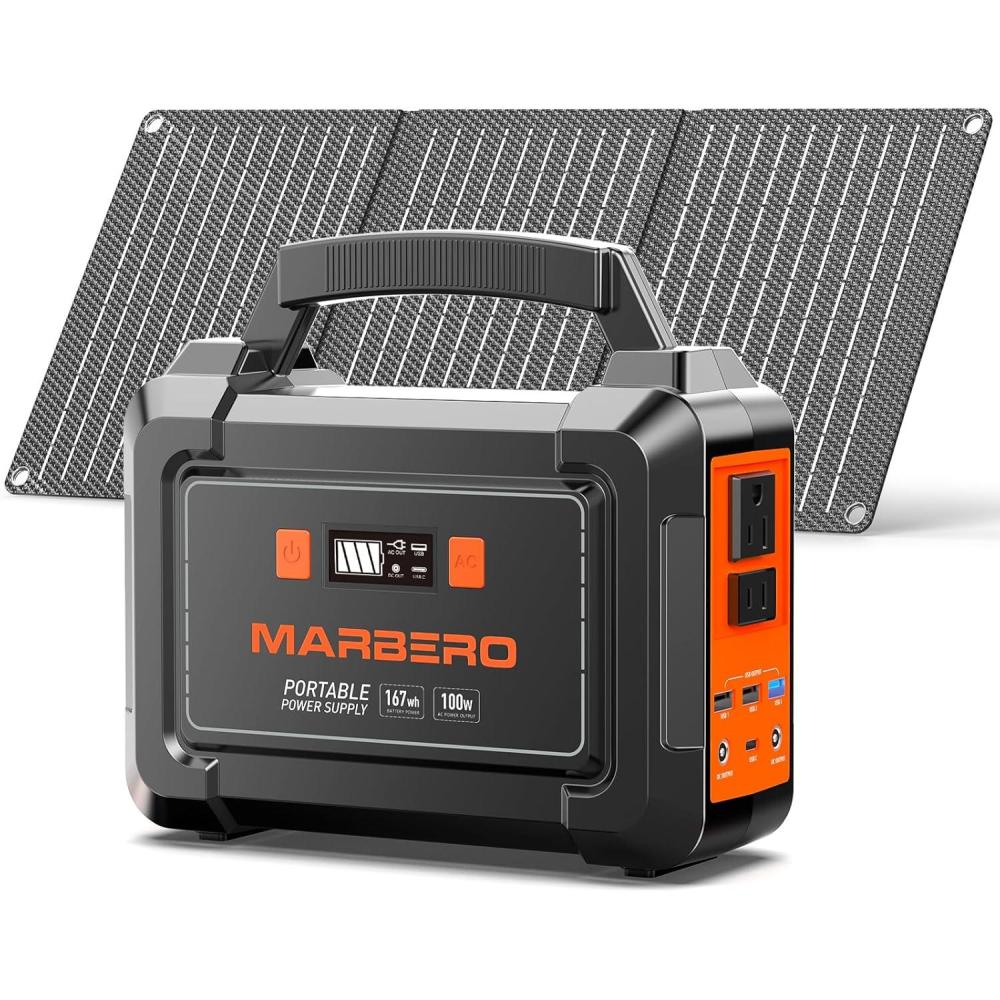 imageMARBERO Solar Generator 167Wh Camping Portable Power Station 200W Peak with Foldable Solar Panels 30W with AC Outlet 110V MultiPort LED Flashlights for CPAP Home Camping Hurricane Emergency