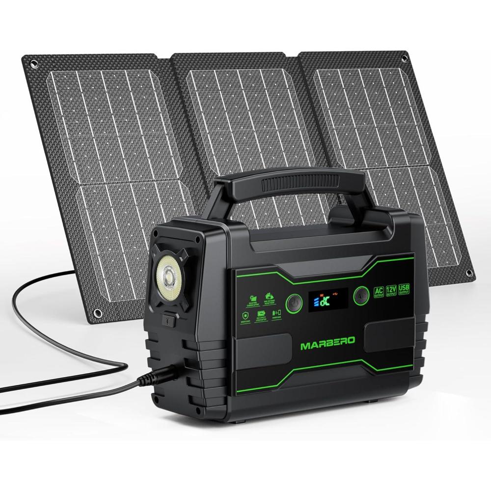 imageMARBERO Solar Powered Generator 155Wh with 30W Foldable Solar Panels 100W AC Output Lithium Battery Portable Power Station with AC DC and USB Outputs for Camping Emergency Home Backup Blackout HikingM155 SL30