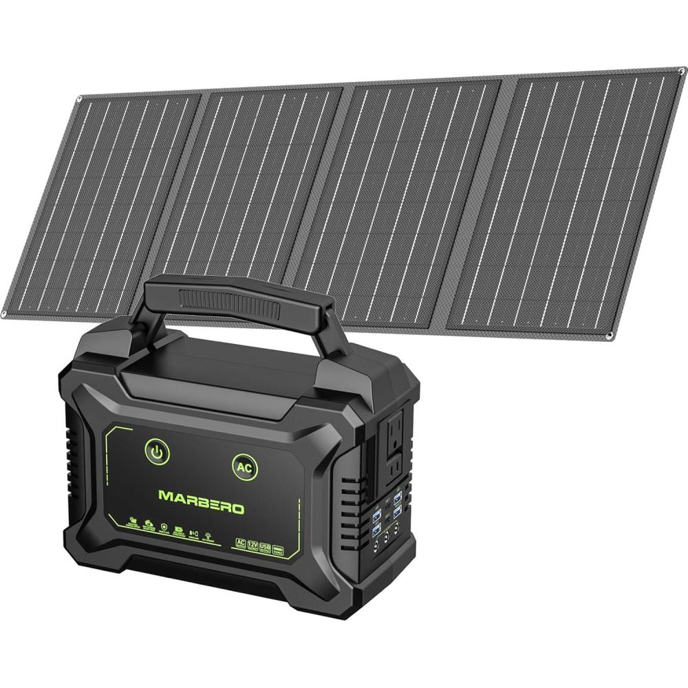 imageMARBERO Solar Powered Generator 155Wh with 30W Foldable Solar Panels 100W AC Output Lithium Battery Portable Power Station with AC DC and USB Outputs for Camping Emergency Home Backup Blackout HikingM220 SL40