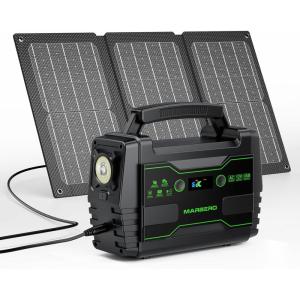 imageMARBERO Solar Powered Generator 155Wh with 30W Foldable Solar Panels 100W AC Output Lithium Battery Portable Power Station with AC DC and USB Outputs for Camping Emergency Home Backup Blackout HikingM155 SL30